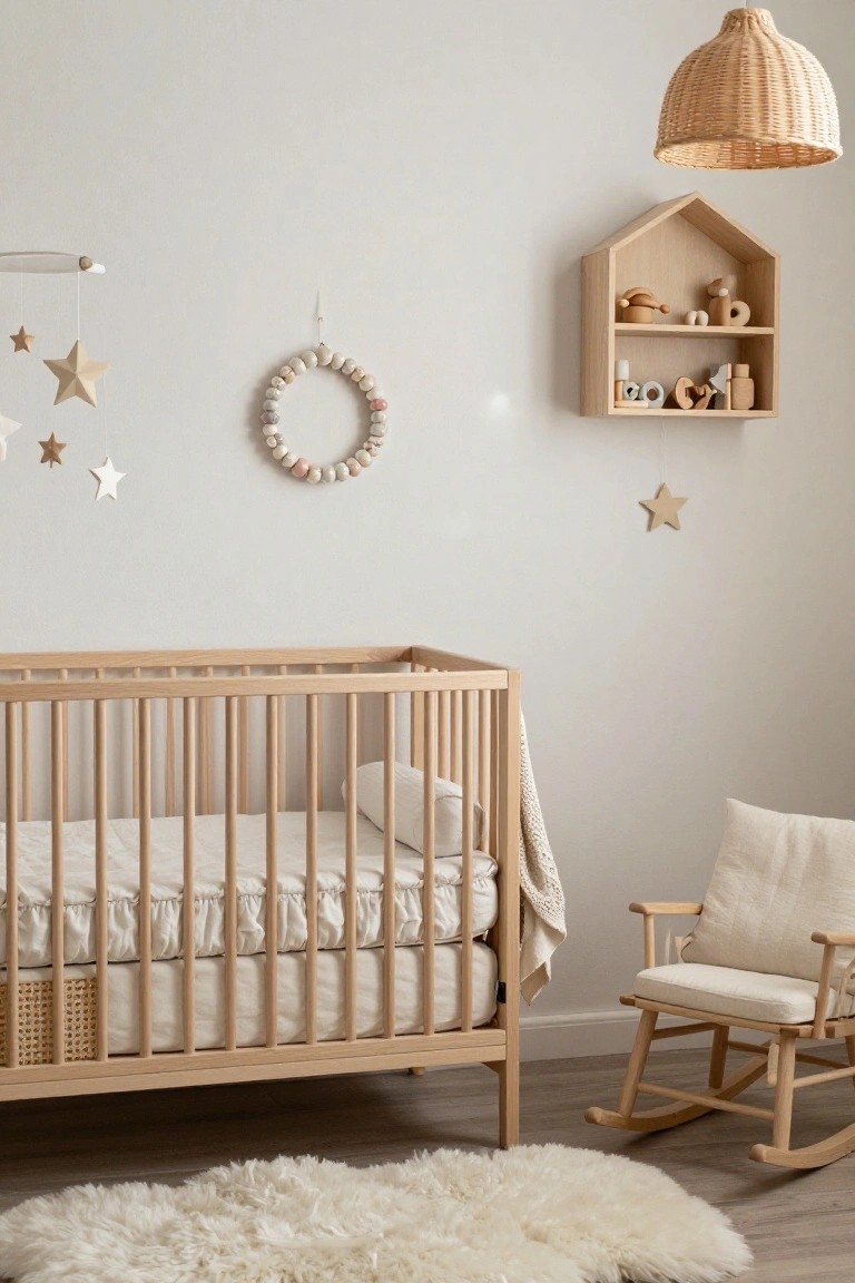 Nursery interior with a wooden crib, beige bedding, rocking chair, toy shelf, hanging mobile with stars, rattan lamp, fluffy rug, and a circular wooden beaded wreath on the wall.