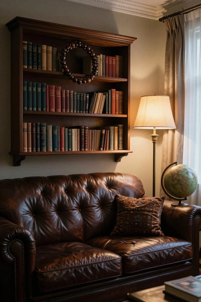 A brown leather sofa beside a wooden bookshelf with a lit floor lamp.