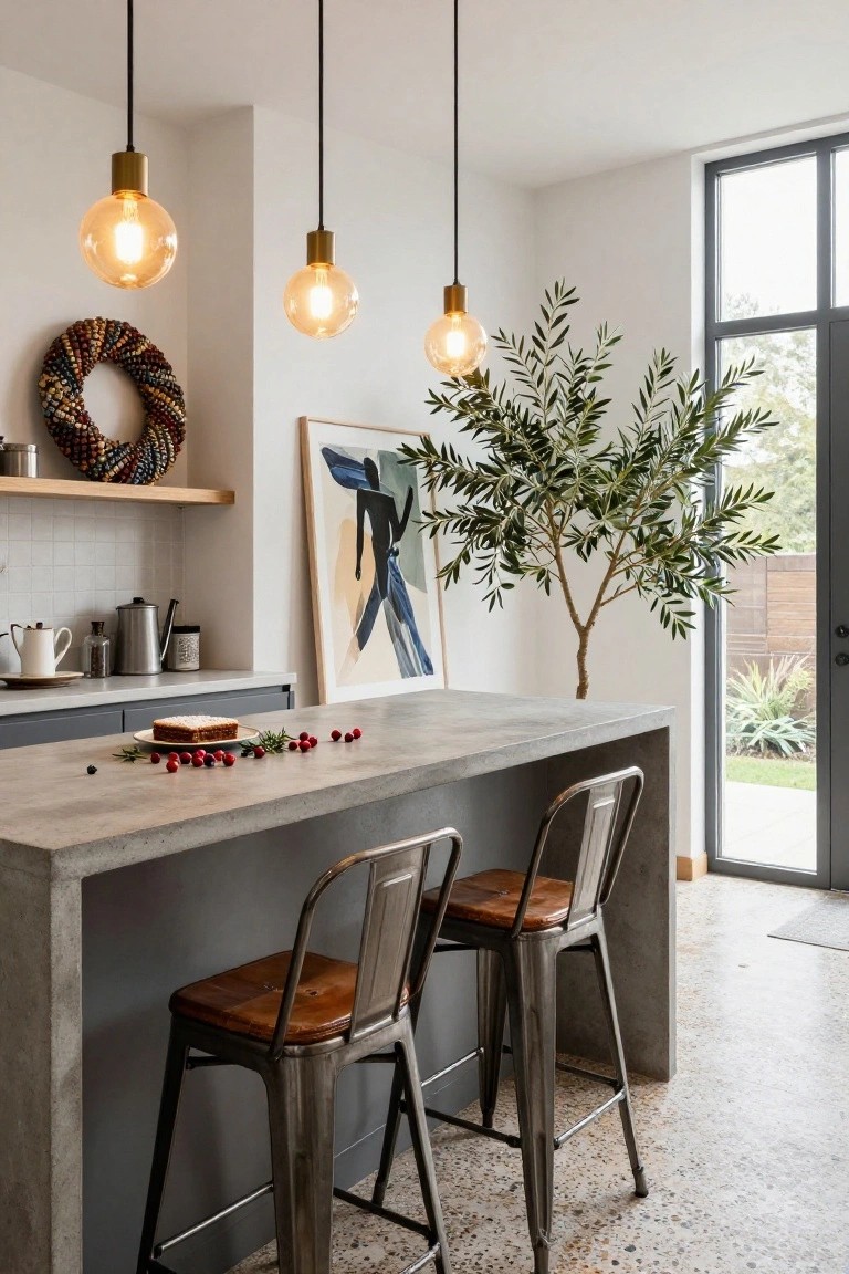Modern kitchen with concrete island countertop holding a plate of cake and cherries, two metal bar stools with leather seats, open shelves displaying a multicolored beaded wreath, pendant lights, abstract wall art, potted olive tree, and glass door to garden.