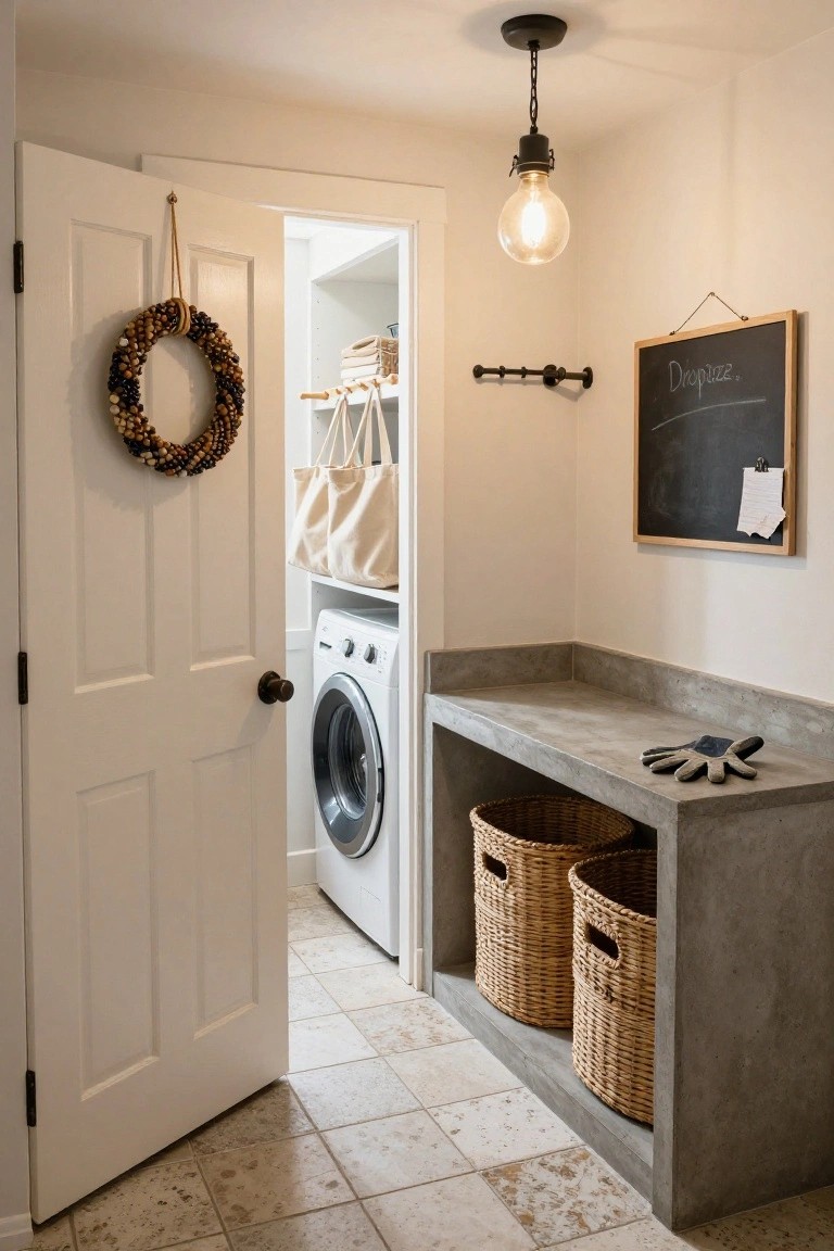 Open white paneled door with a multicolored beaded wreath hanging on it, revealing a laundry room with white washer, concrete countertop holding rubber gloves and wicker baskets, blackboard, and hanging bags.