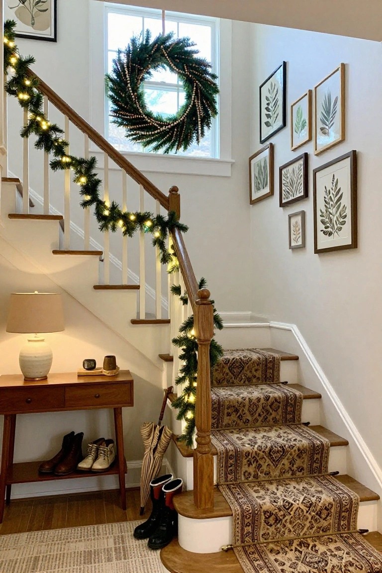 White-painted interior staircase with oak newel post wrapped in lit evergreen garland, large beaded evergreen wreath hanging in window above stairs, console table with ceramic lamp, boots, and umbrella stand at base.