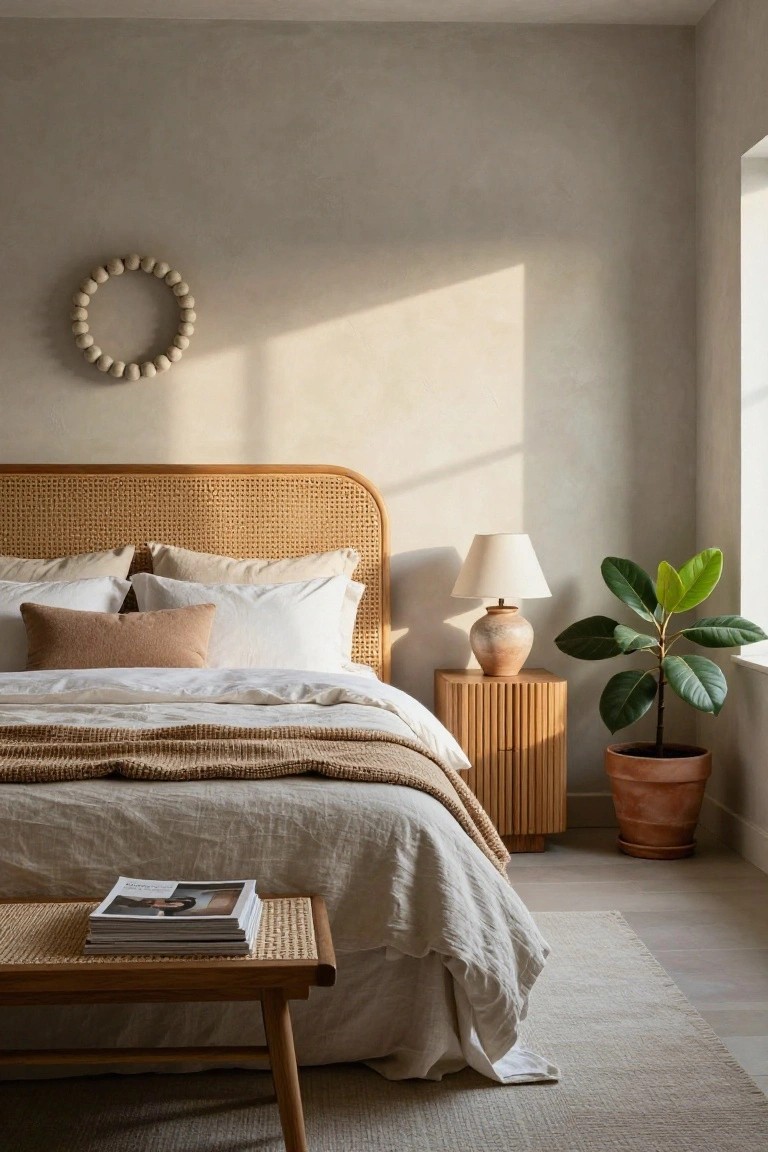 Serene bedroom with rattan headboard, neutral linens, woven bench, and potted plant.