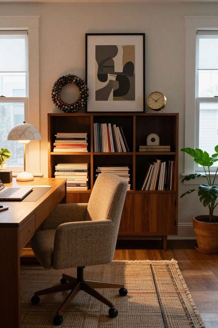 Home office with wooden desk, laptop, upholstered chair, tall wooden bookshelves holding books and a multicolored beaded wreath, marble lamp, plants, clock, and framed art near two windows.