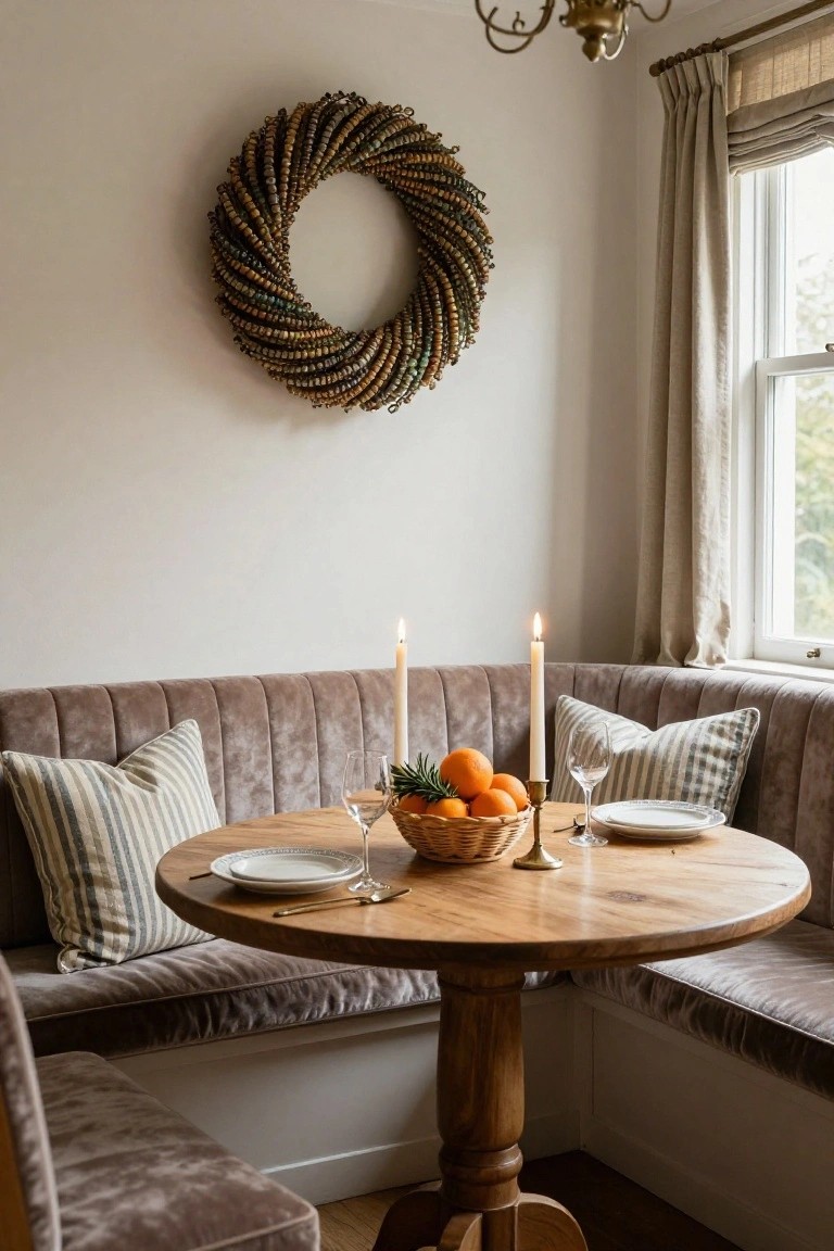 Beaded wreath on white wall above round wooden table set with plates, wine glasses, candles, and basket of oranges in tufted gray velvet banquette nook with window and chandelier.