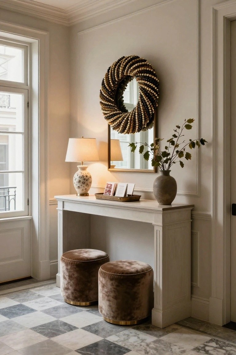 White console table in a light entryway with a large beaded wreath on a round mirror above it, ceramic lamp, tray of cards, vase of branches on the wall shelf, two round velvet poufs in front, window and door nearby, checkered marble floor.