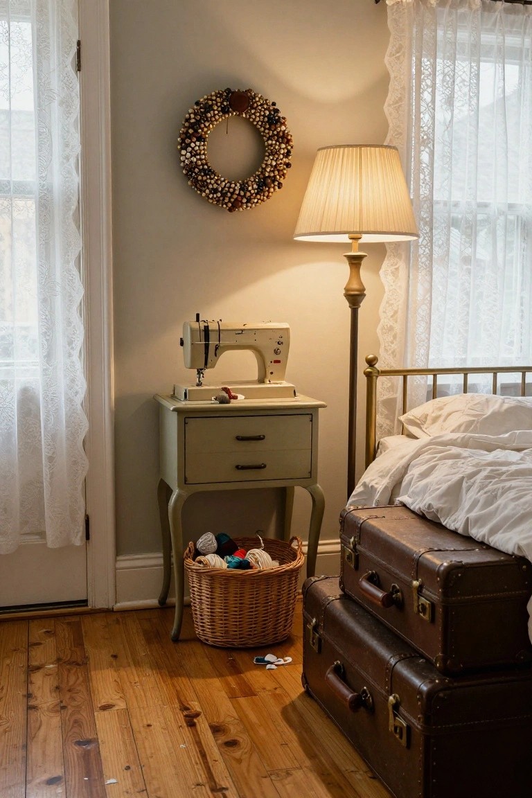 Cozy bedroom corner with sewing machine, wicker basket, vintage trunks, and wreath.