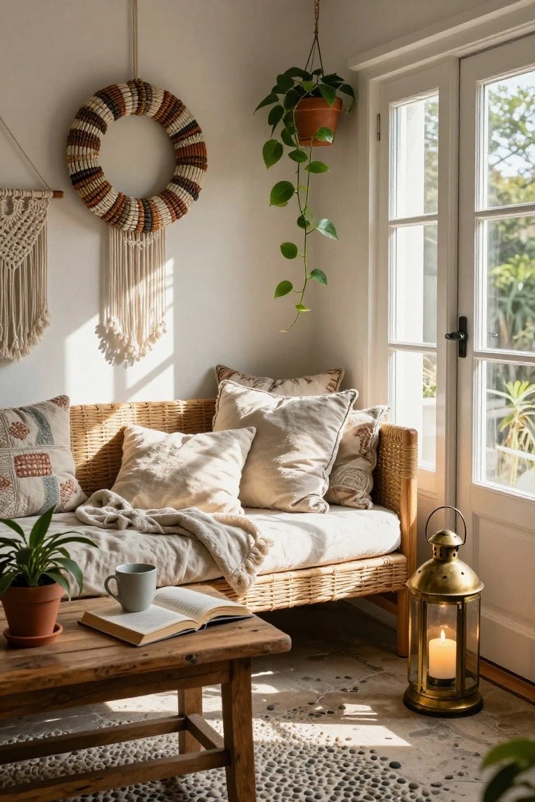 Sunlit indoor seating area with rattan daybed, beige pillows, woven beaded wreath on wall, wooden coffee table holding open book and mug, potted plants, hanging macrame, brass lantern with candle, and French doors open to greenery.