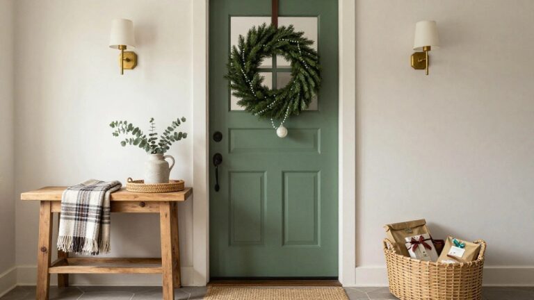 Green paneled front door decorated with a large evergreen Christmas wreath featuring white beads and ornaments, gold cylinder sconces on white walls, rustic wooden bench with plaid throw blanket and eucalyptus vase, wicker basket of wrapped gifts, and jute rug on tiled porch floor.