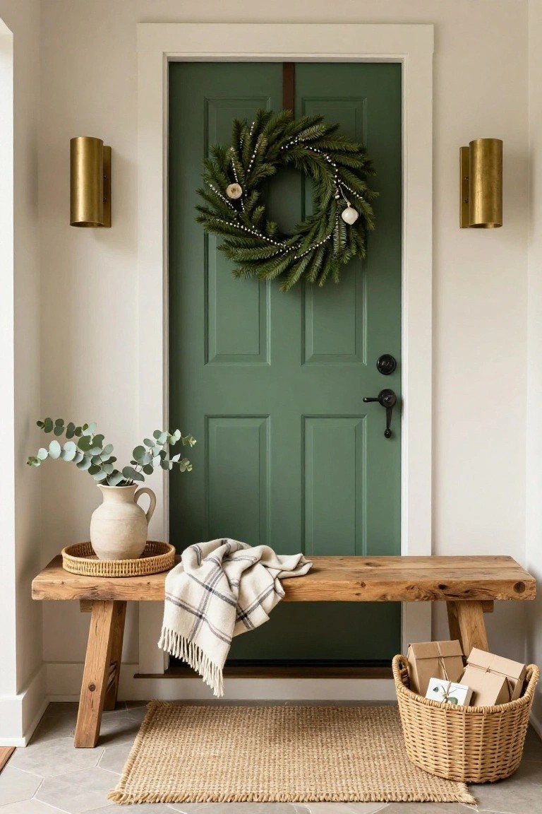 Green paneled front door decorated with a large evergreen Christmas wreath featuring white beads and ornaments, gold cylinder sconces on white walls, rustic wooden bench with plaid throw blanket and eucalyptus vase, wicker basket of wrapped gifts, and jute rug on tiled porch floor.