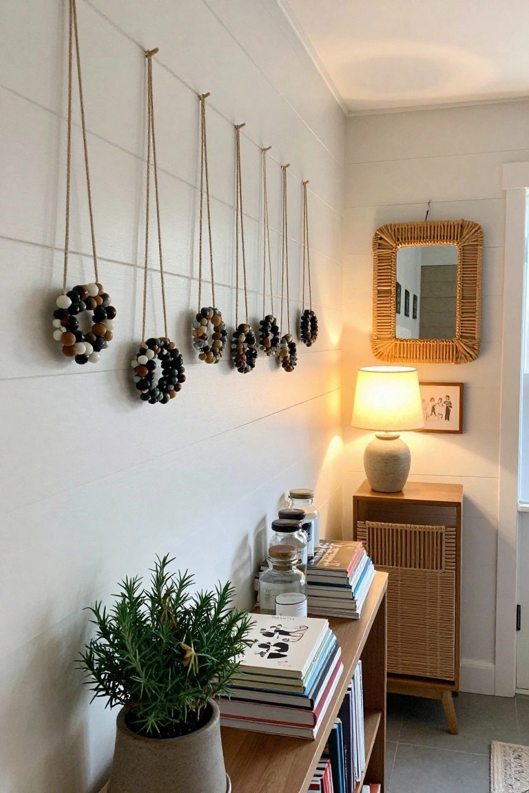 White shiplap wall in an interior hallway with five beaded wreaths in neutral tones hanging from ropes on hooks, next to a rattan mirror, lamp, console table with books, jars, and rosemary plant.