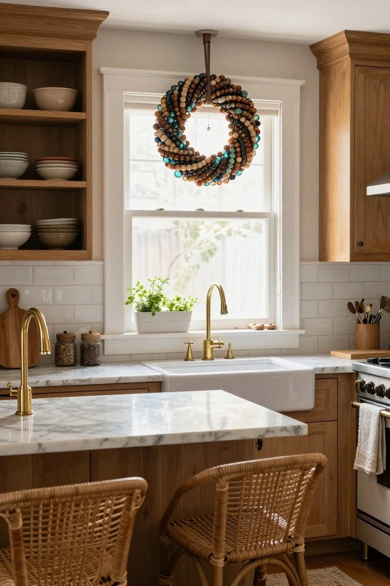 Kitchen with oak cabinets, white subway tile backsplash, marble island, rattan barstools, brass faucet, and colorful beaded wreath hanging in the window over farmhouse sink.