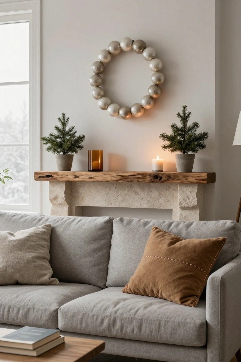 Cozy living room interior featuring a gray fabric sofa, wooden coffee table with stacked books, stone fireplace with driftwood mantel holding two small potted fir trees, amber glass candle holders, white candles, and a large circular wreath of beige and pearl-toned beads hanging on the wall above the mantel.