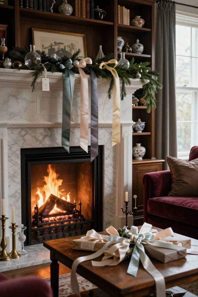 A living room fireplace with marble surround decorated by evergreen garland and long hanging ribbons in teal, pink, and yellow on the mantel, a burning fire inside, bookshelves nearby, and a ribbon-wrapped gift box on a wooden coffee table in front.