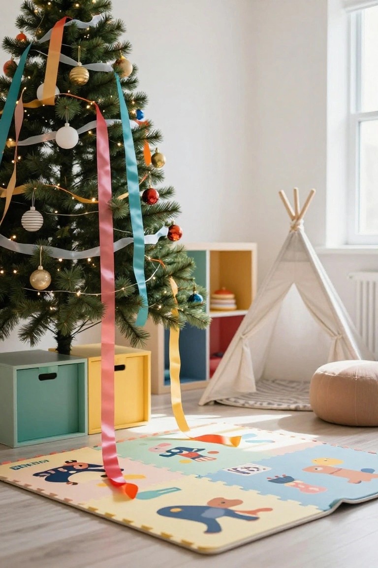 Christmas tree decorated with wide multicolored ribbons draped from the top in a children's playroom with a white teepee, colored storage cubes, foam play mat, and pouf ottoman.