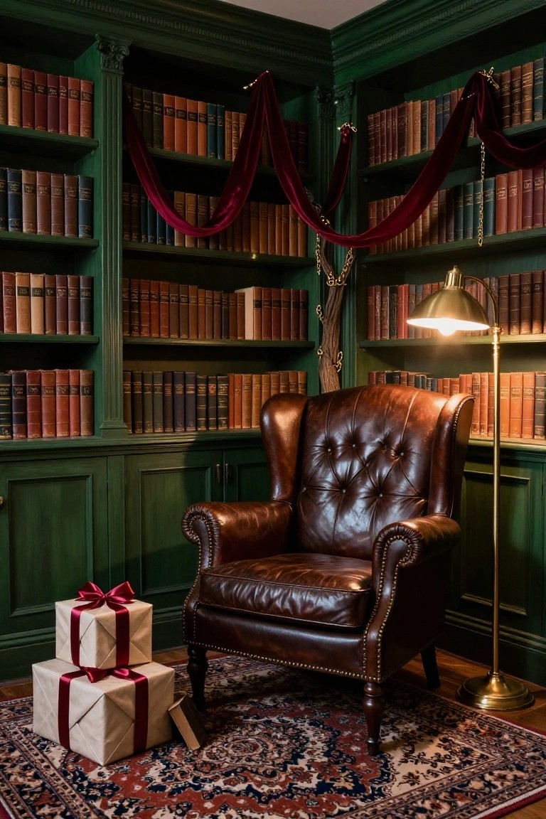 A green-paneled library room with bookshelves draped in red velvet ribbons and gold chains, a brown leather wingback chair, a brass lamp, and stacked white gift boxes on a patterned rug.