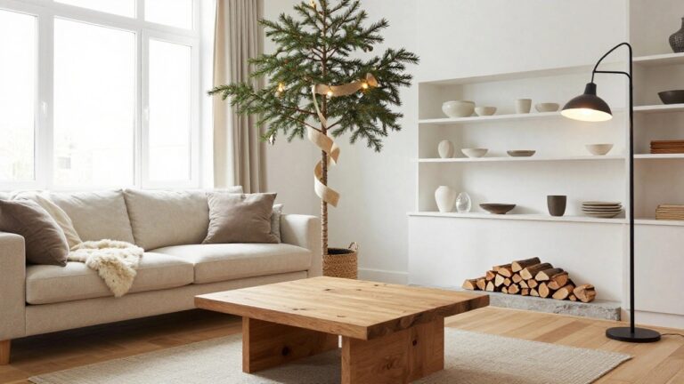 A lit Christmas tree wrapped in wide spiraled burlap ribbon stands in a neutral living room next to a stone fireplace with fire burning, beside a light gray sofa and wooden coffee table on light wood floors.