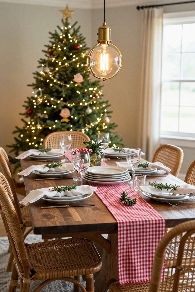 Dining room with lit Christmas tree decorated in lights, ornaments, and figures beside wooden table set with red checkered runner, stacked white plates, wine glasses, rosemary sprigs, and rattan chairs.