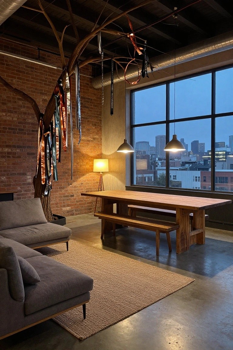 Industrial interior with exposed brick wall, large wooden tree branch installation from ceiling decorated with colorful hanging ribbons and fabrics, wooden table and benches, gray sofas, pendant lights, and large windows showing city skyline at dusk.