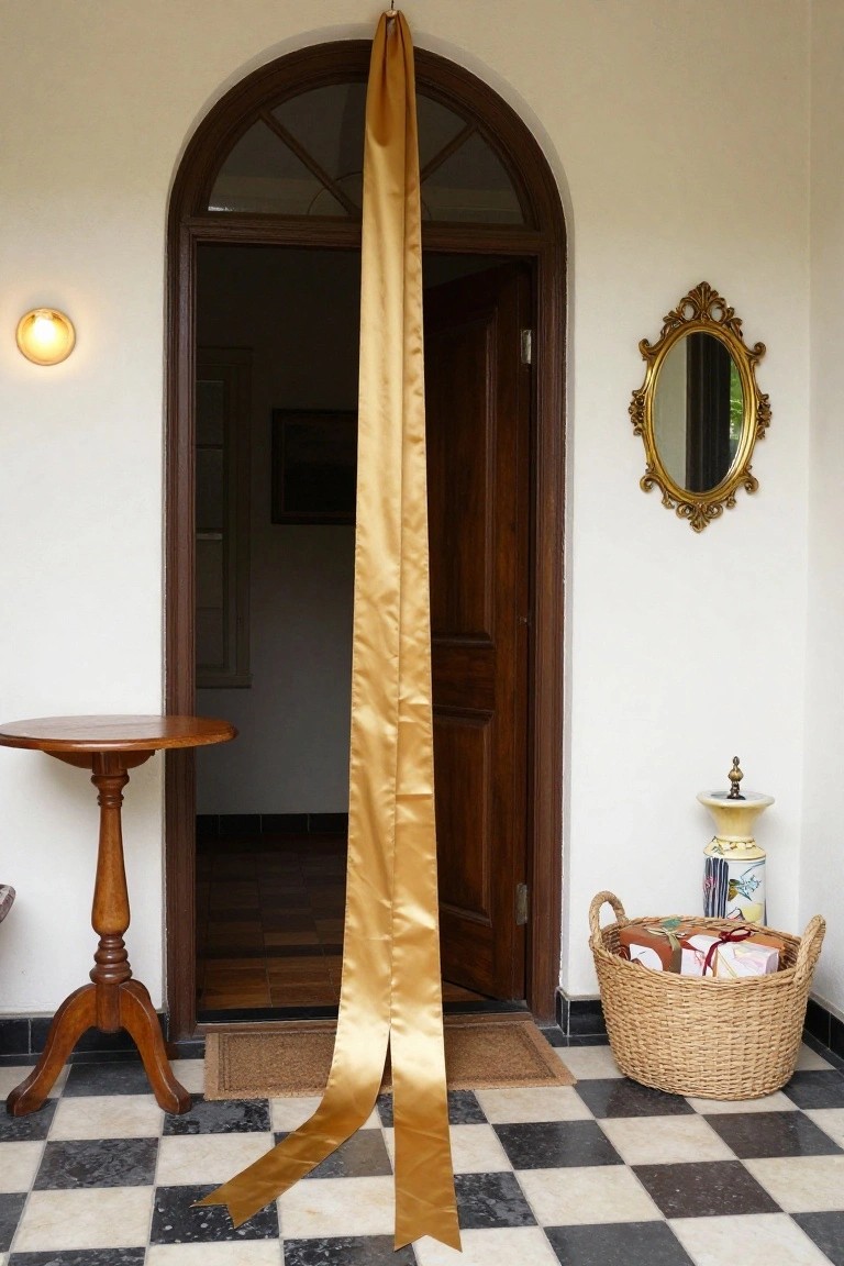 Long golden satin ribbon hangs from arched wooden doorway.