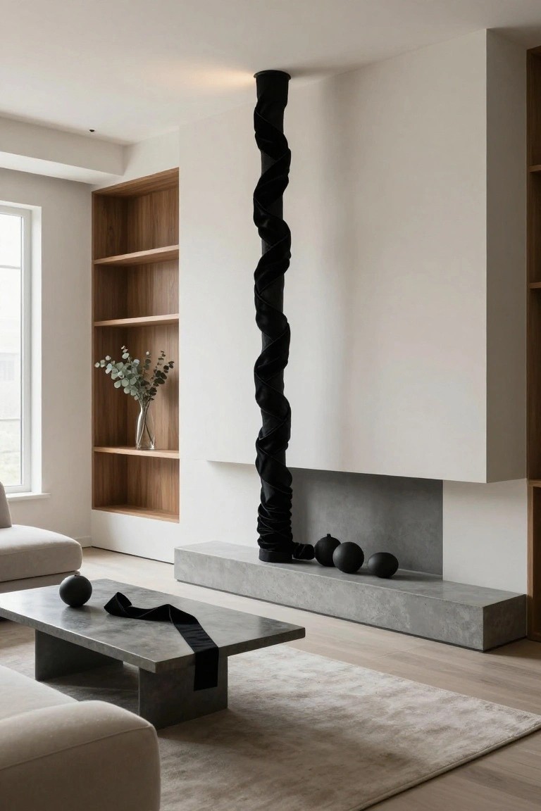 Modern living room with gray concrete coffee table draped in black ribbon and holding black spheres, matching spheres on concrete fireplace hearth, wooden shelves with eucalyptus, white sofa, light wood floors, and tall black sculptural flue.