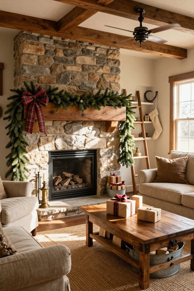 Cozy living room with stone fireplace, wooden mantel draped in evergreen garland tied with large red plaid ribbon bow, burning logs in firebox, beige sofas, wooden coffee table with wrapped gifts and metal bucket, ladder shelf with stockings.