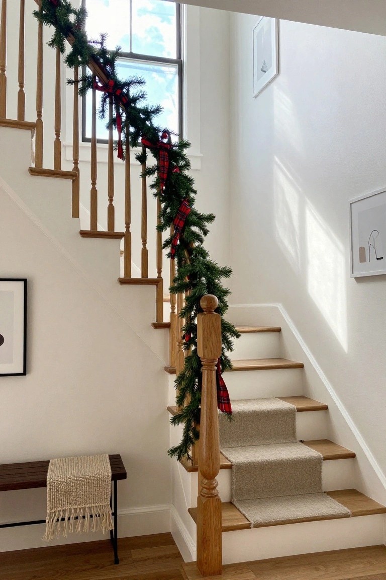 Wooden staircase with green garland wrapped in red plaid ribbons along the banister, cream carpet runner on steps, bench with beige runner at base, and white walls with art.