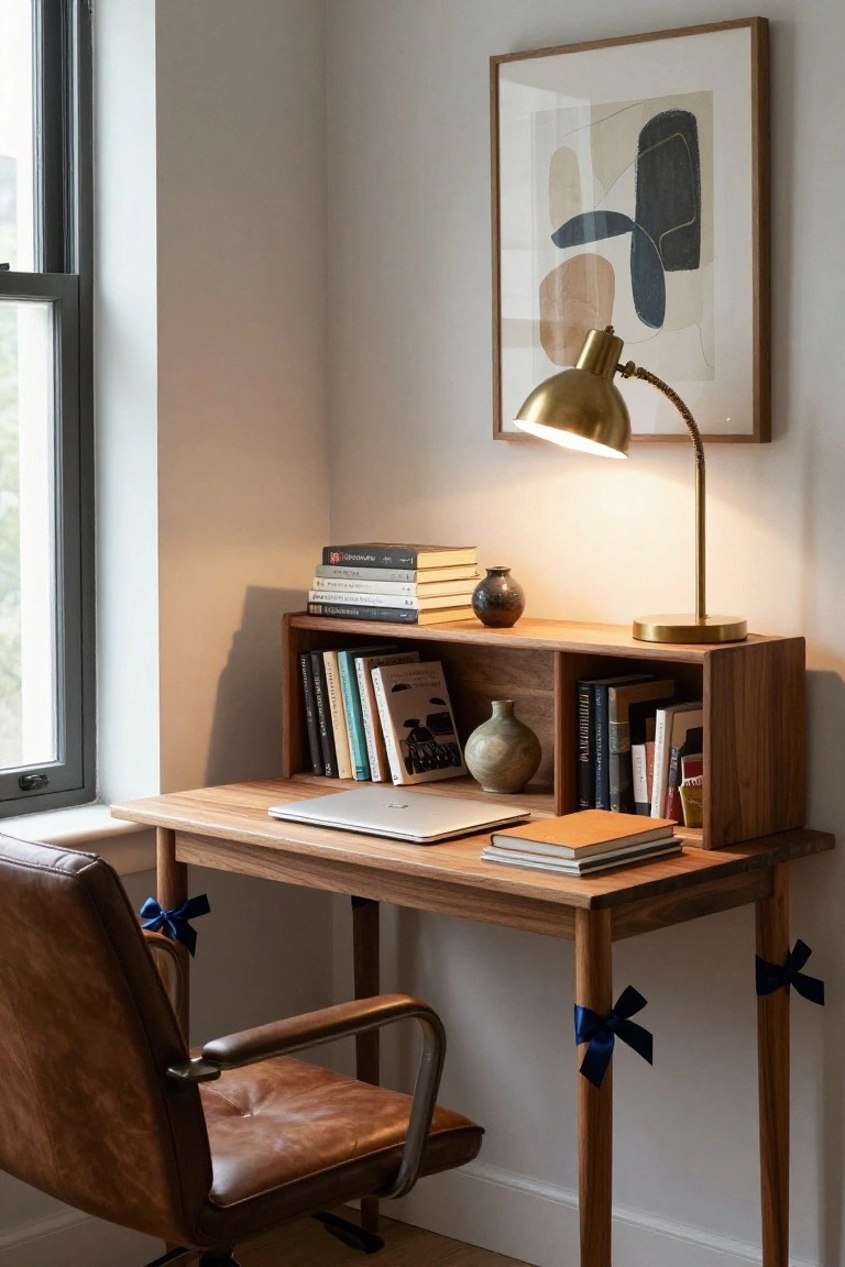 Wooden desk with blue ribbon bows tied to its legs, leather office chair, open bookshelves with books and vase, brass desk lamp, and large window in a light corner room.