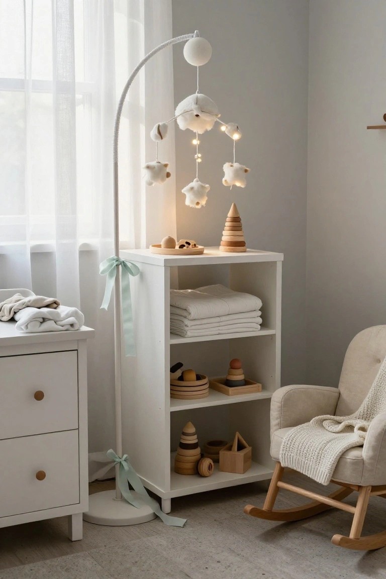 White shelving unit in a nursery tied with mint green ribbon bows, displaying wooden stacking toys including a tree-shaped stacker, next to a white changing table and beige rocking chair under a white bear mobile.