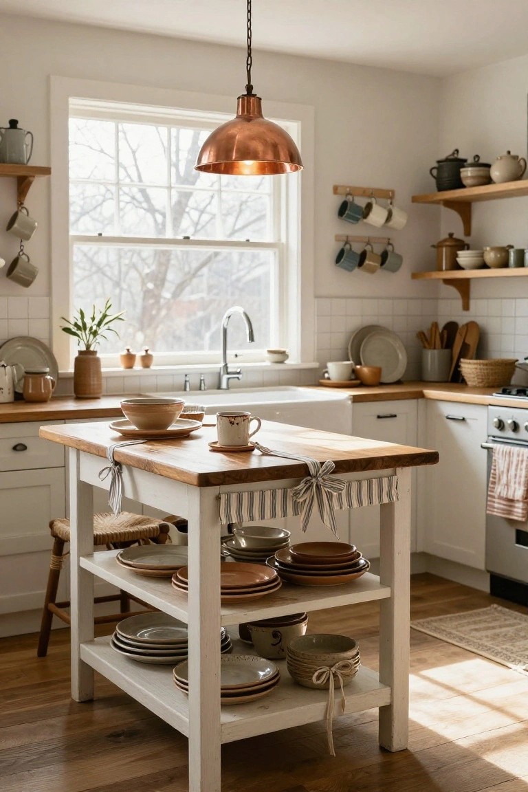 White kitchen with wooden-topped island cart skirted in striped fabric tied with bow, open shelves displaying stacked plates and bowls, copper pendant light, white cabinets, and window showing snowy trees outside.