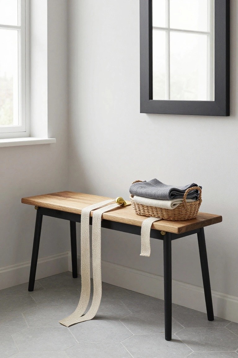 Wooden bench with black legs holding a wicker basket filled with folded gray and white towels and blankets, beige ropes draped across and hanging off the bench, in a white corner room with a window and mirror.
