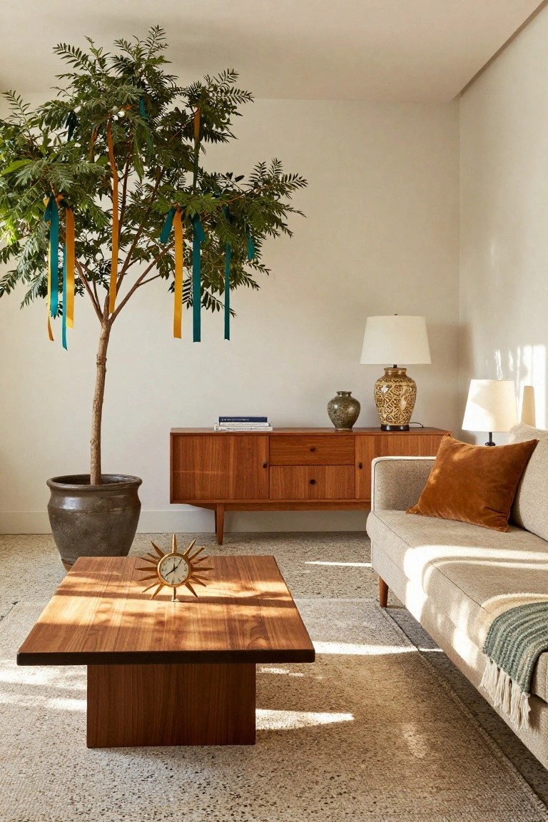 A cozy living room corner featuring a tall potted tree with green leaves decorated by dangling teal and orange ribbons, next to a wooden sideboard, coffee table with sunburst clock, sofa, and lamps.
