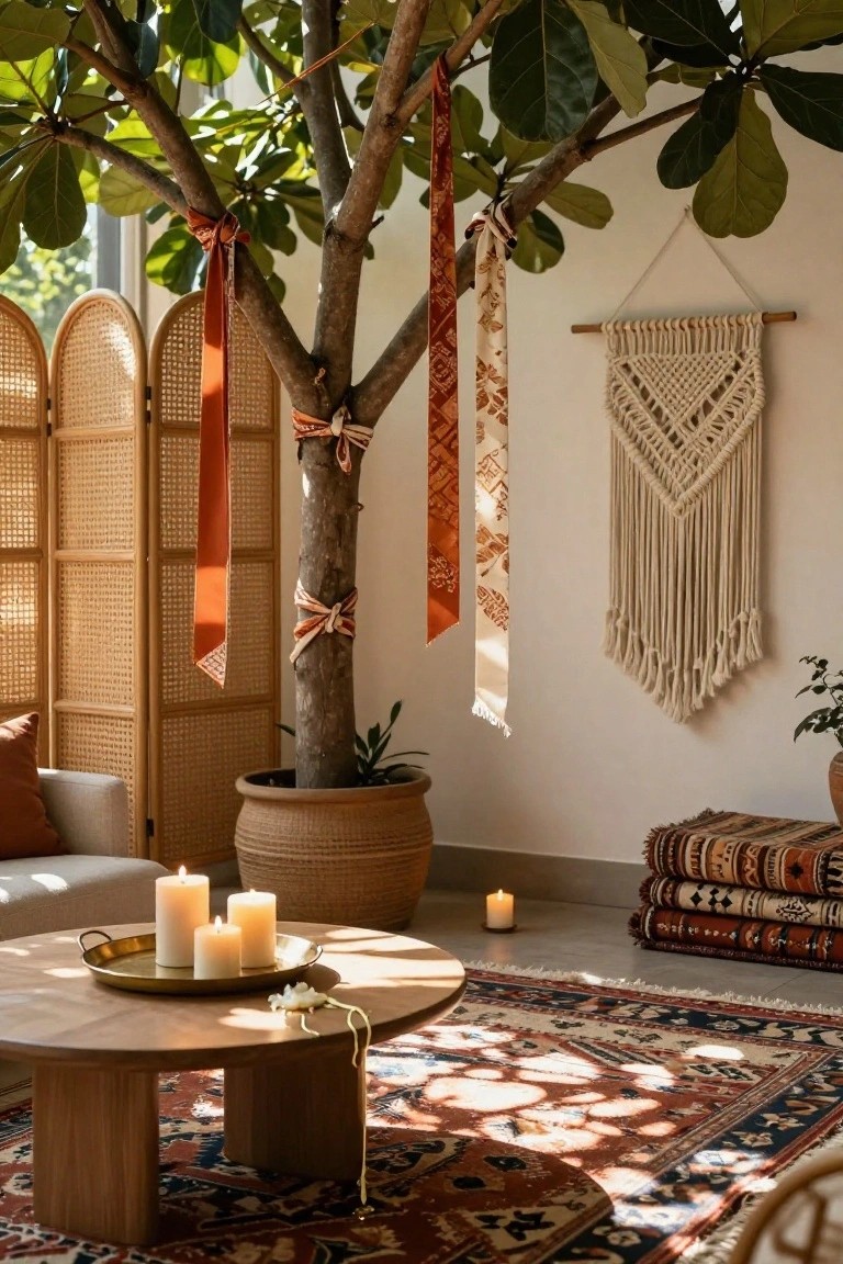 Indoor room with a large potted leafy tree decorated with long orange ribbons tied around trunk and branches, rattan folding screen, wooden coffee table holding candles in brass tray, layered rugs, and macrame wall hanging.