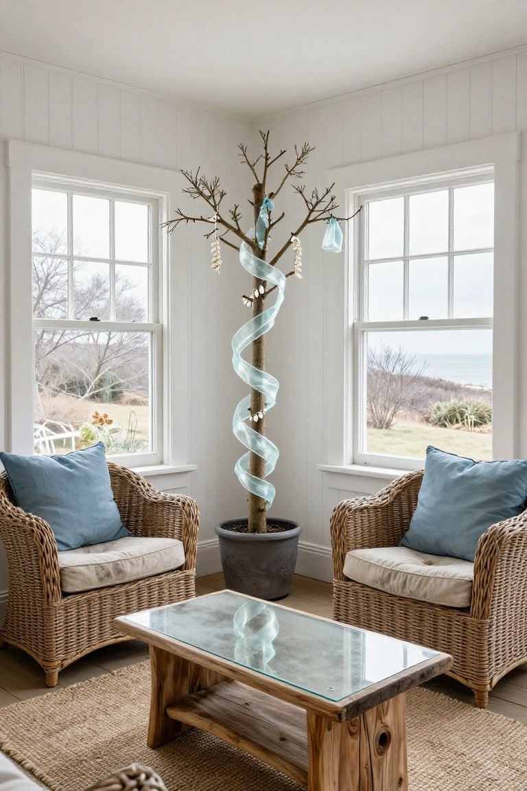 Corner of a white-paneled living room with a tall bare-branch Christmas tree wrapped in spiraling light blue ribbon and hung with blue and white ornaments, two wicker armchairs with blue cushions, a wooden coffee table with glass top, large windows showing winter coastal landscape.
