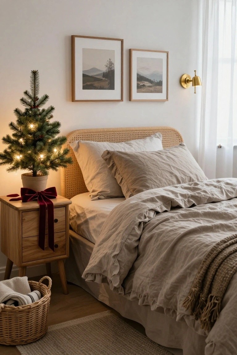 Cozy bedroom with a lit mini Christmas tree on a wooden nightstand.