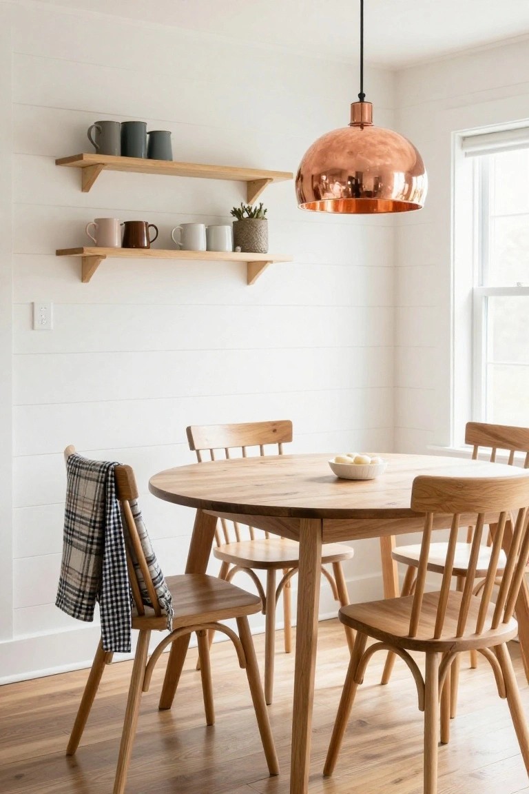 A cozy interior dining nook with white shiplap walls, wooden floating shelves displaying assorted mugs and a potted plant, a copper pendant light over a round oak table with wooden chairs, one chair draped with a plaid cloth, a white bowl of round white objects on the table, and light oak flooring.