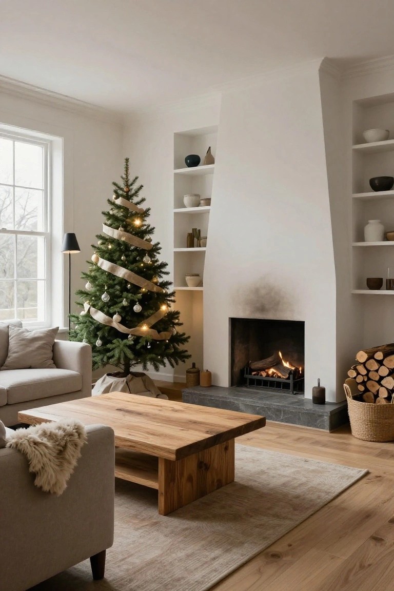 A lit Christmas tree wrapped in wide spiraled burlap ribbon stands in a neutral living room next to a stone fireplace with fire burning, beside a light gray sofa and wooden coffee table on light wood floors.