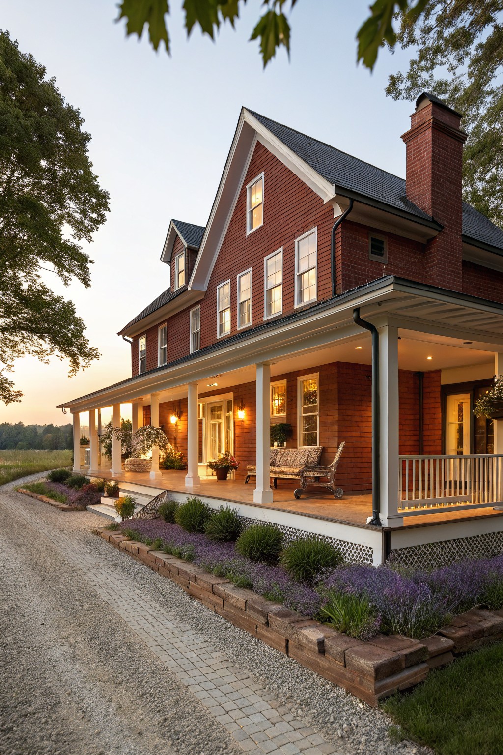 Red brick two-story house with white trim and columns supporting a covered front porch, wicker furniture on the porch, lavender plants along a brick-edged gravel driveway, trees and fields in the background at dusk.