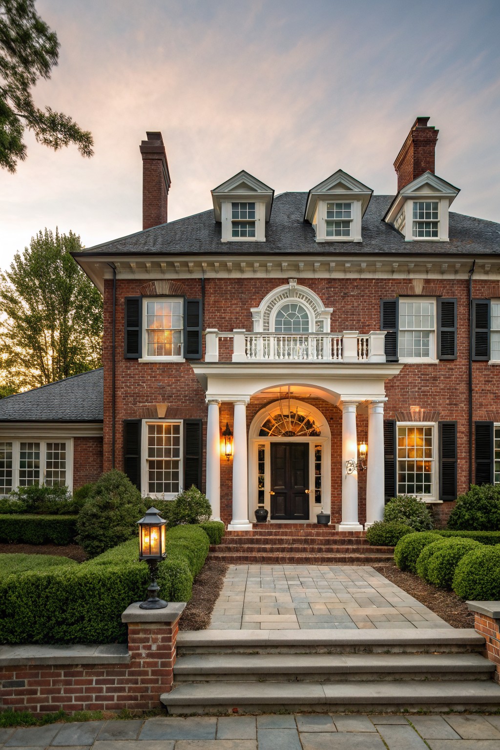 Red brick two-story house with white trim, slate roof, dormer windows, columned portico entry with arched door and fanlight, stone steps, bluestone path, boxwood shrubs, and lanterns at dusk.