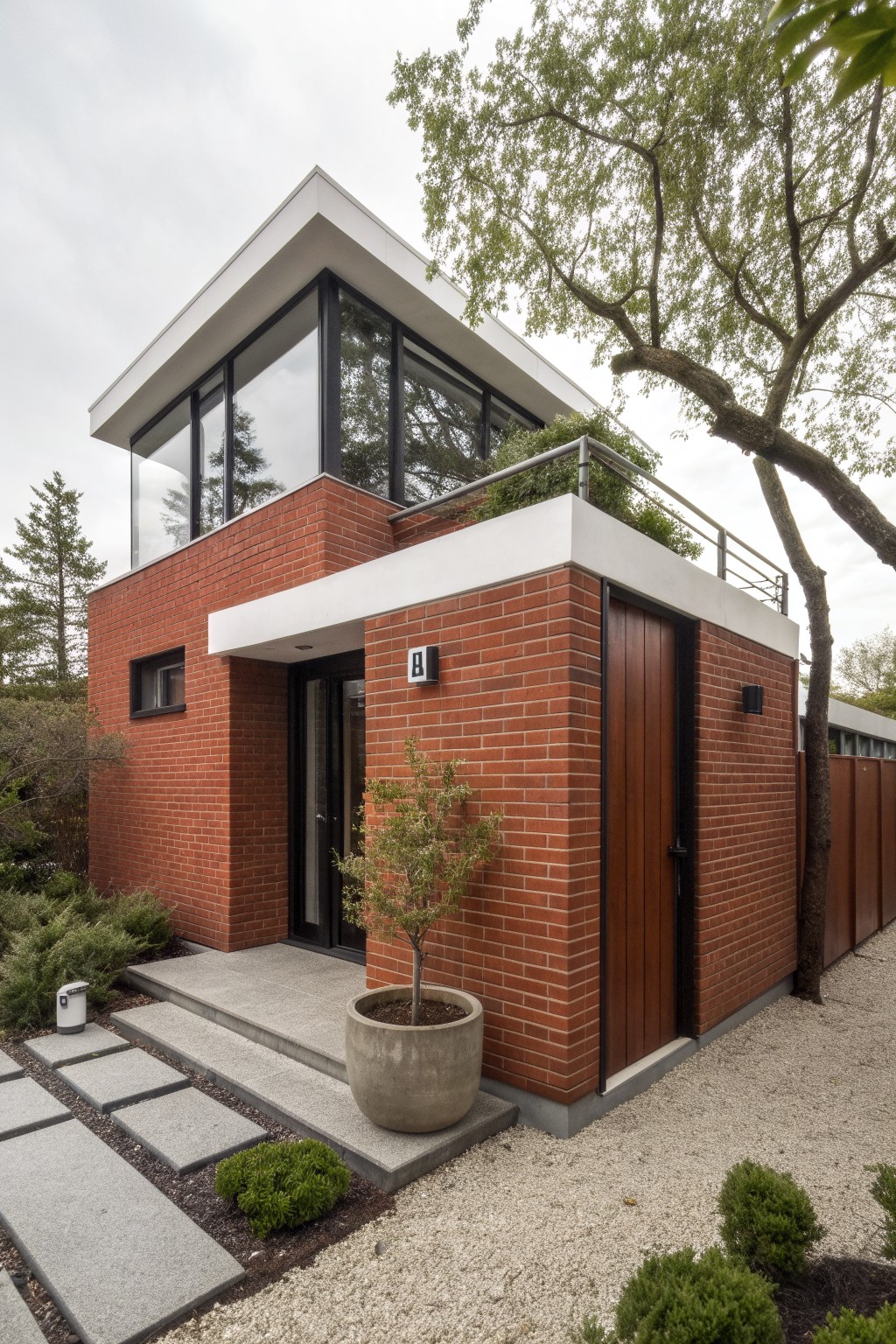 Red brick modern house exterior with white upper trim band, large black-framed glass windows, wooden entry and side doors, gravel pathway, potted plant, and surrounding trees and shrubs.