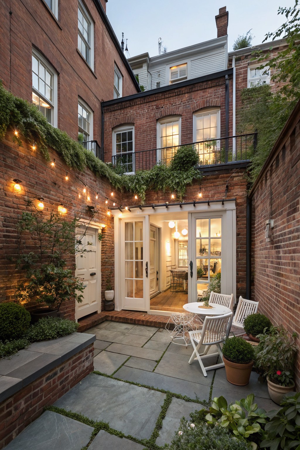 Narrow courtyard between red brick townhouse walls at dusk with white French doors opening from the house to a slate-paver patio holding a round white bistro table, two white folding chairs, potted plants, string lights along the walls, and climbing greenery.