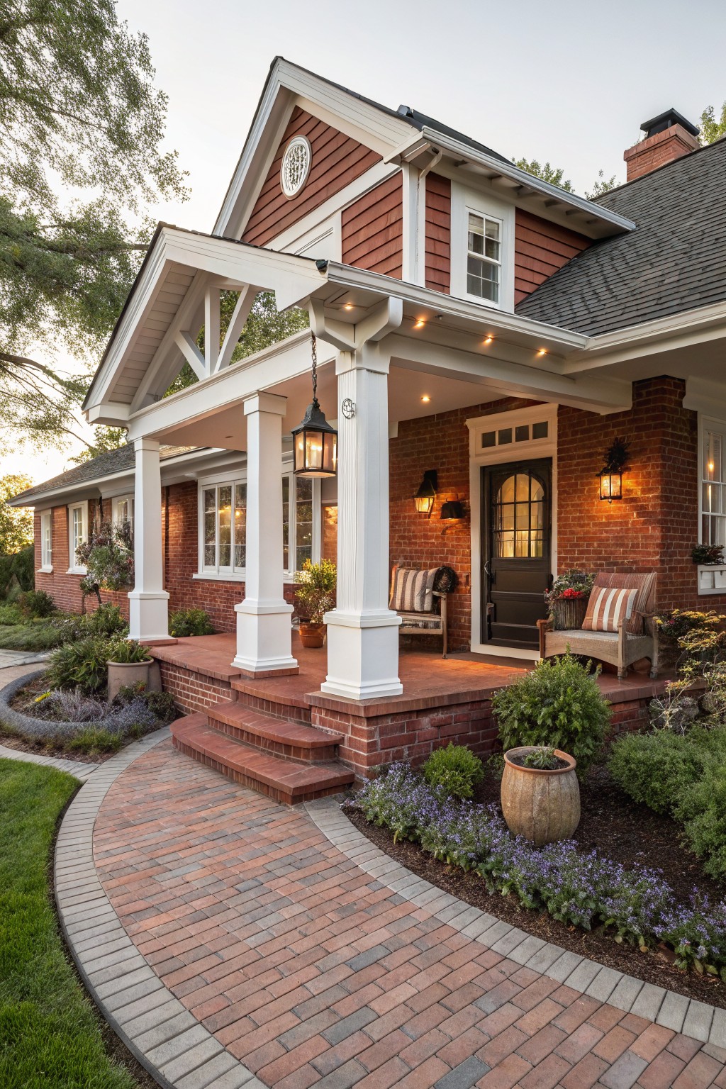 Front exterior of a red brick house with white trim on columns, gables, and porch roof, dark wood entry door, brick steps, curved brick path, and low garden plantings.