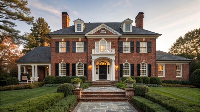 Red brick two-story house with white trim, slate roof, dormer windows, columned portico entry with arched door and fanlight, stone steps, bluestone path, boxwood shrubs, and lanterns at dusk.