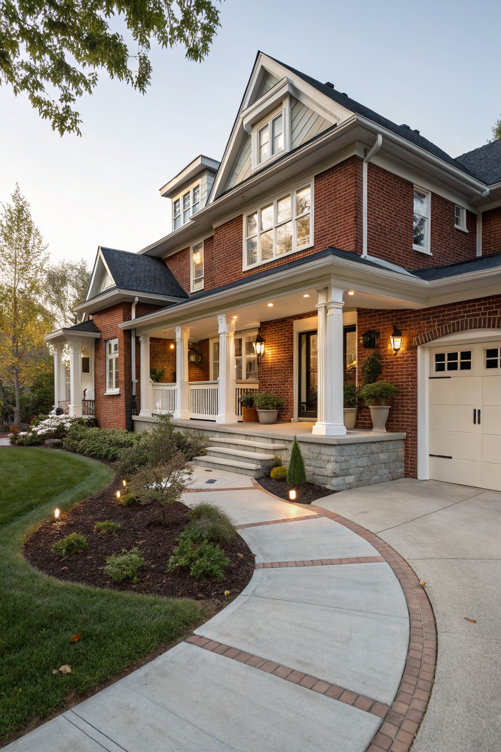 Red brick two-story house exterior with white trim, gabled roof, covered front porch supported by white columns, garage, curved concrete pathway, landscaped beds, and path lighting at dusk.