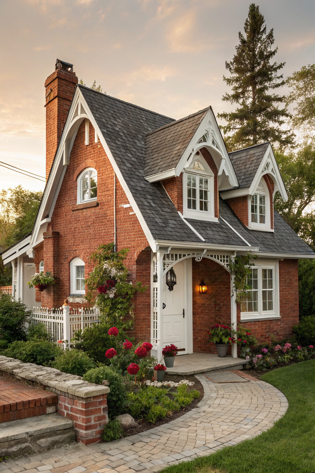 Red brick two-story cottage house with steep gabled roofs, white trim accents, covered front porch, brick chimney, white door, hanging plants, flower beds, picket fence, stone wall, curved brick path, and tall pine tree at dusk.