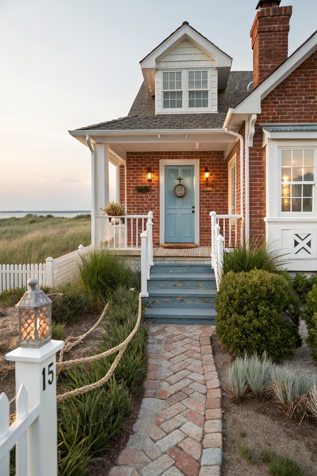 Red brick house exterior with white trim on gabled porch roof and railings, blue front door flanked by lanterns, steps down to brick path, white picket fence, coastal grasses, and dunes in background at dusk.