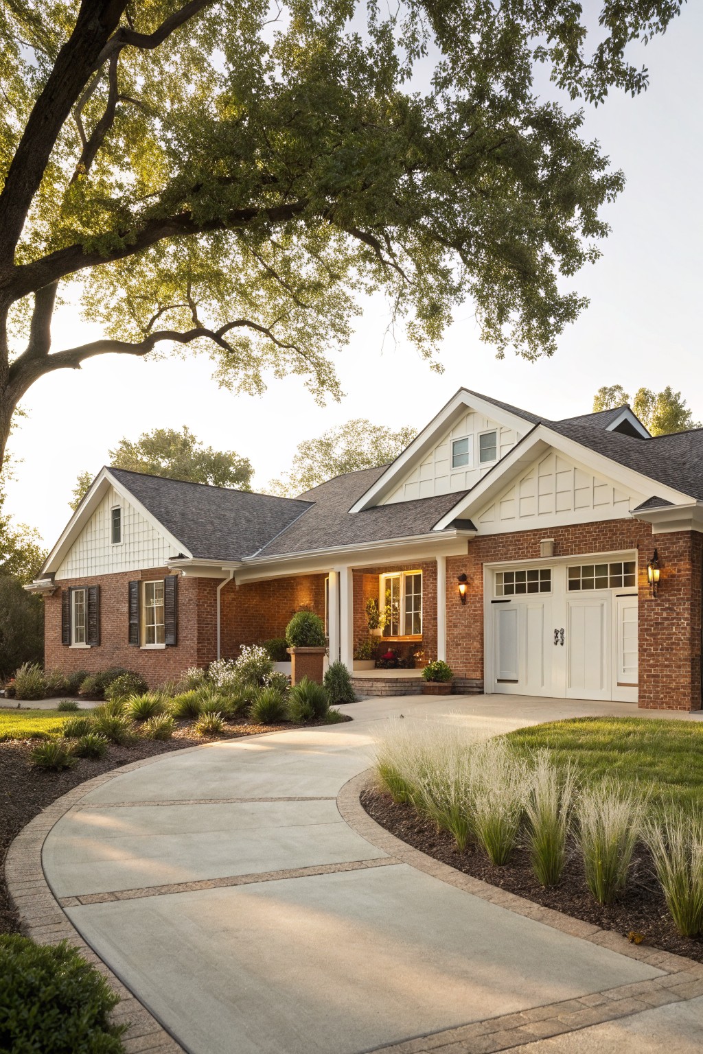 Red brick house exterior with white trim on gabled roof sections, windows, front porch, and double garage doors, curved concrete driveway, landscaping beds, and large tree in foreground at dusk.