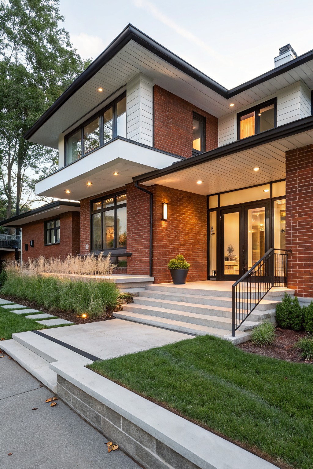 Two-story modern house exterior with red brick lower walls, white cantilevered upper volumes, large black-framed windows, glass entry doors, concrete steps with black railing, ornamental grasses, shrubs, and lawn in front.