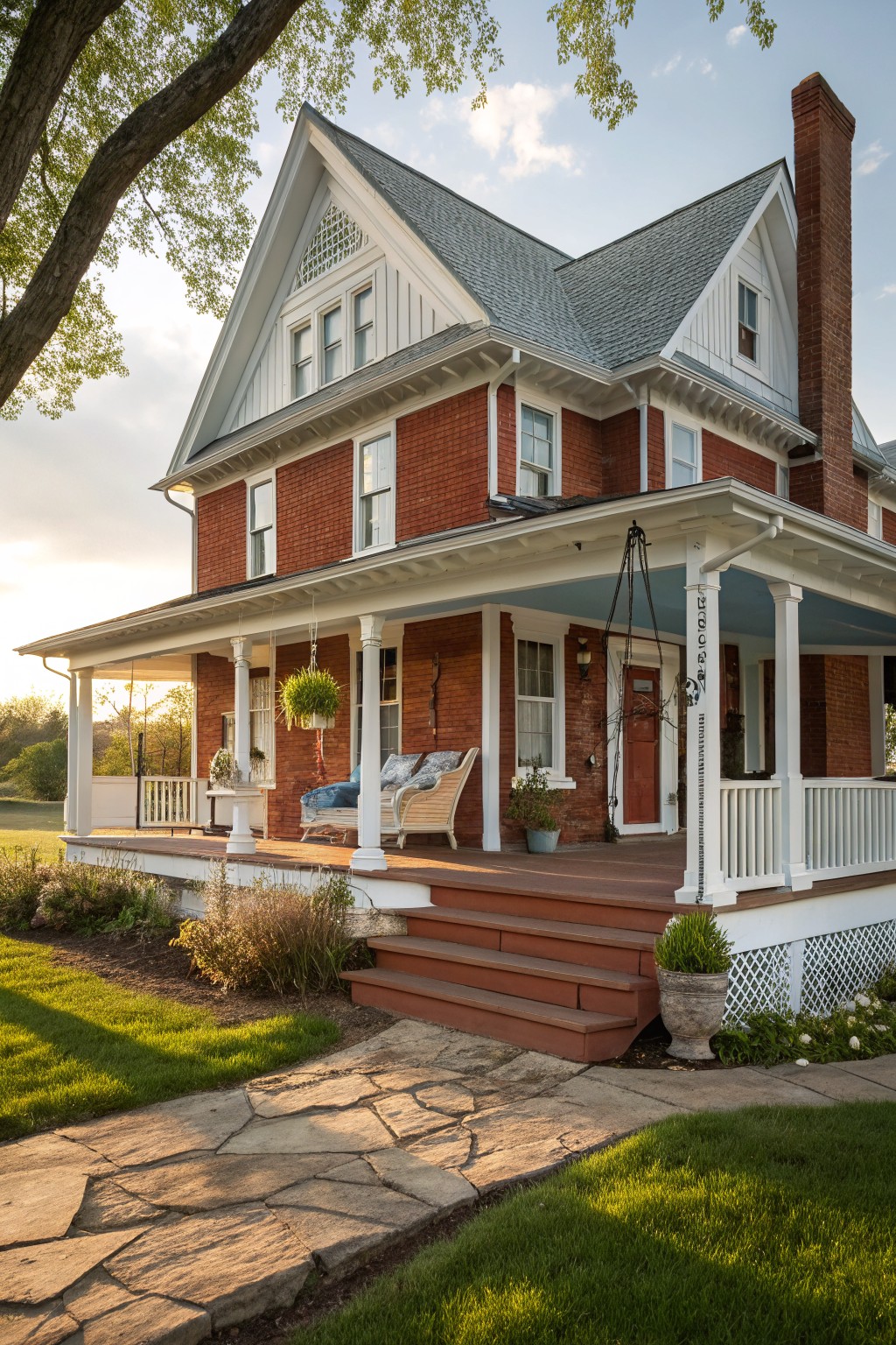 Two-story red brick house with white trim, gabled roof, wraparound porch featuring columns, hanging plants, swing chair, red door, stone pathway, and landscaped yard.