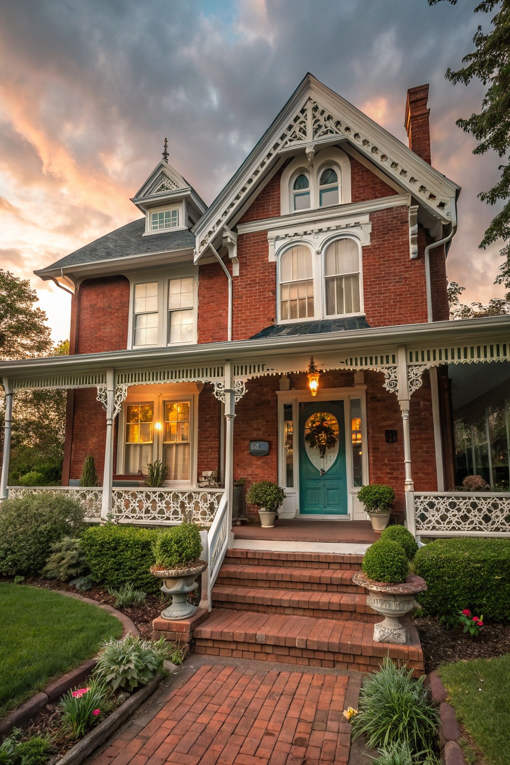 A two-story red brick Victorian house featuring white trim, ornate porch with gingerbread details, turquoise front door, brick steps, potted plants, and landscaped yard at sunset.
