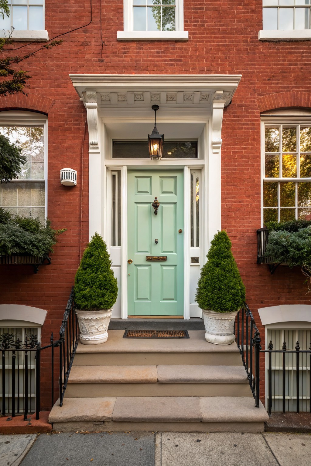 Red brick rowhouse facade with white trim, open teal front door, brass hardware, hanging lantern, potted topiary shrubs on either side of stone steps, and iron railings.